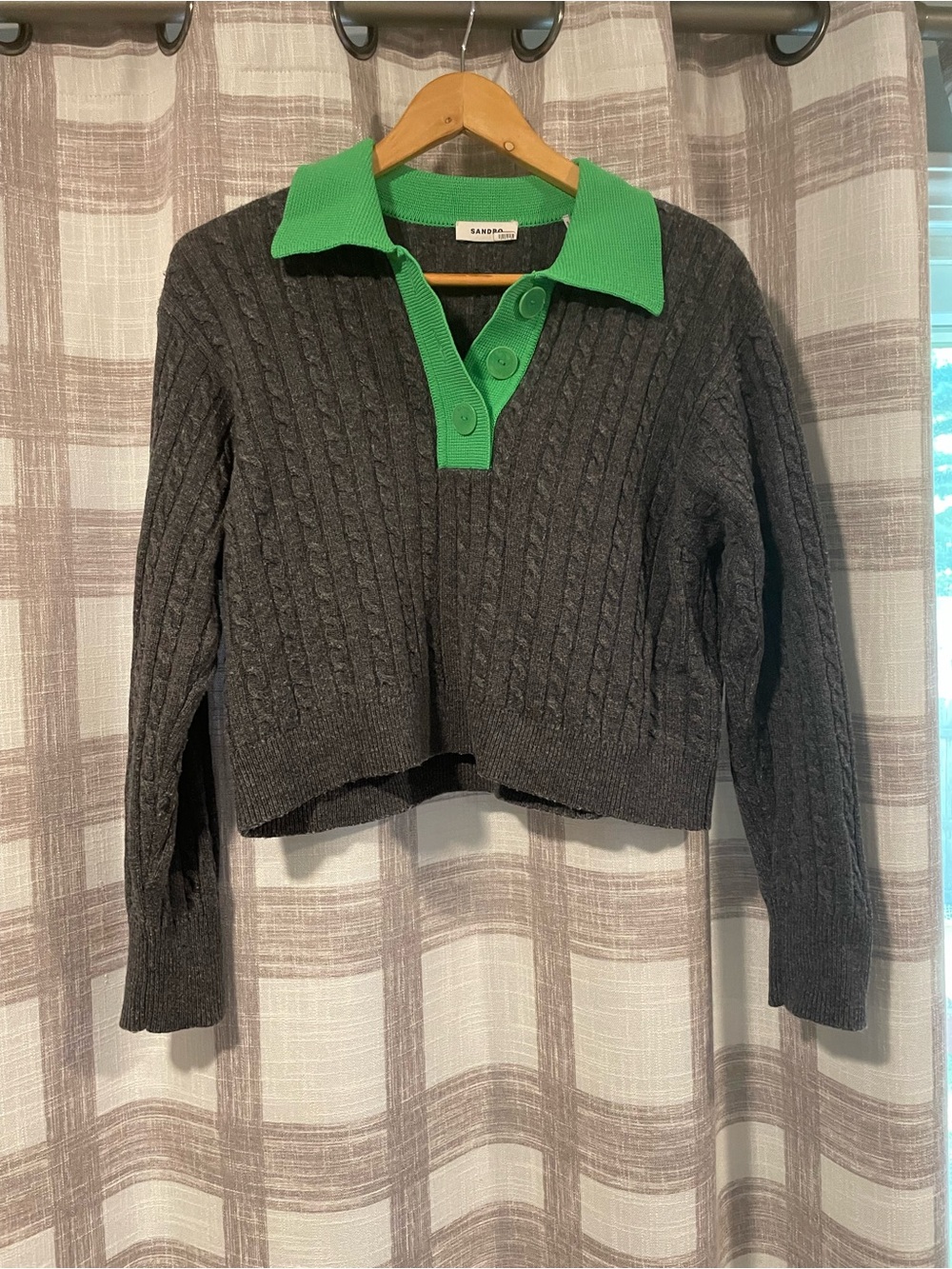 Sandro Gray Cable-Knit Sweater with Bright Green Polo Collar - Picture 2 of 8